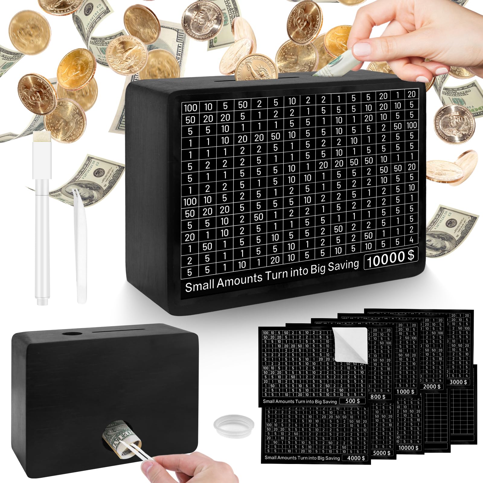 Meetory Wooden Money Box with Digital Counter - 10,000 Dollar Capacity, 10 Saving Goals - Black One Piece Cash Vault for Kids, Boys & Girls | Perfect Gift for Birthday, Allowance Saving & Financial Education