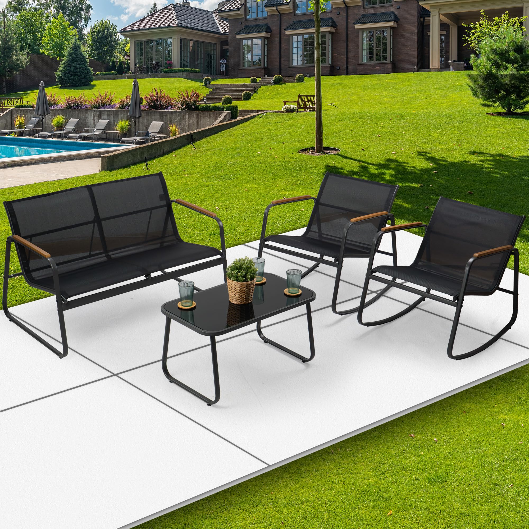 Kozyard 4-Piece Outdoor Patio Furniture Set - 2 Dining Chairs & Tempered Glass Coffee Table with Powder-Coated Metal Frame - Perfect for Garden, Poolside, Backyard, and Outdoor Entertaining