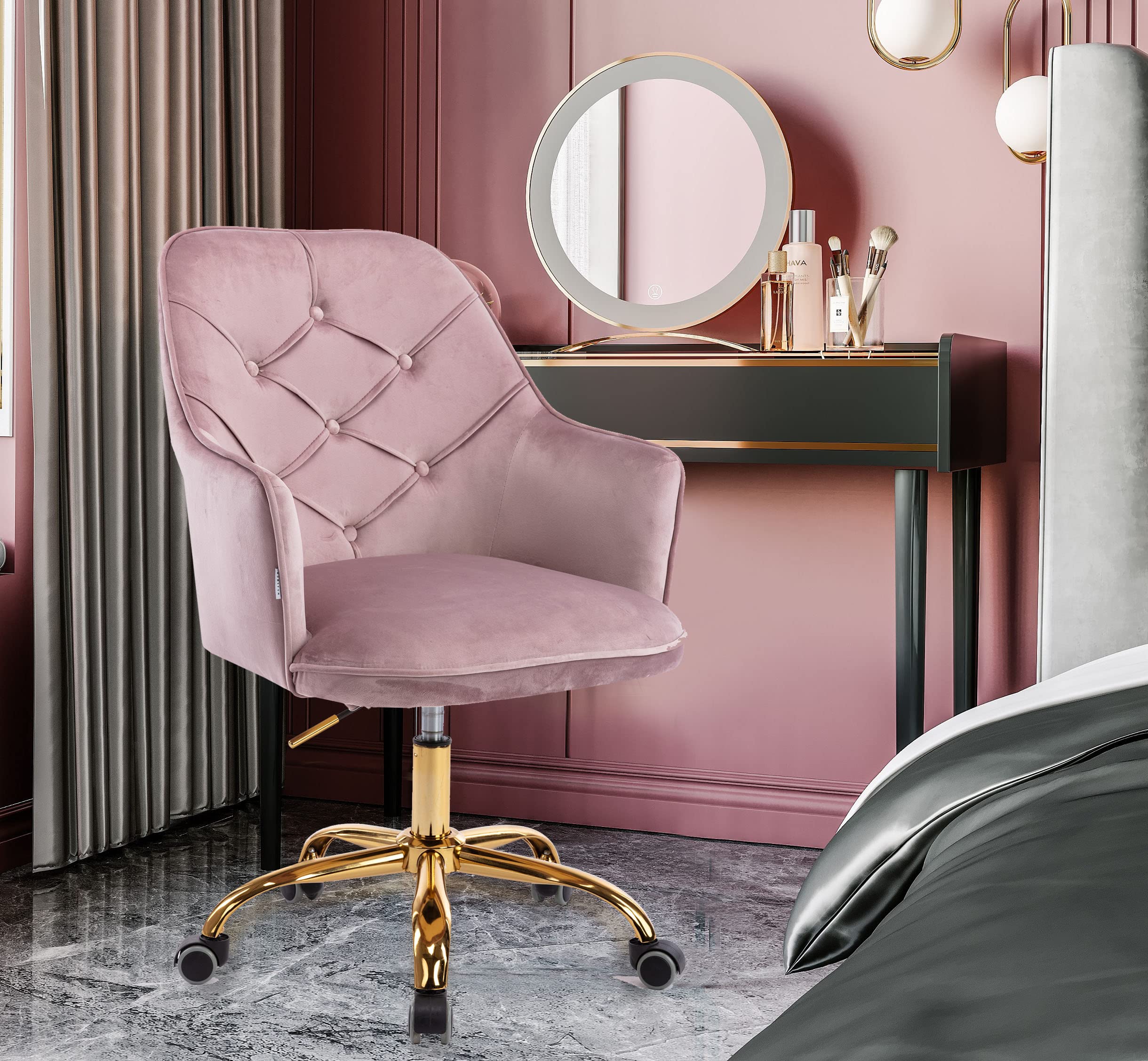 Yoluckea Modern Velvet Office Chair - Adjustable Swivel Desk Chair with Upholstered Seat for Home Office, Living Room & Vanity | Ergonomic Task Chair for Adults in Light Pink | Perfect for Remote Work, Gaming & Study