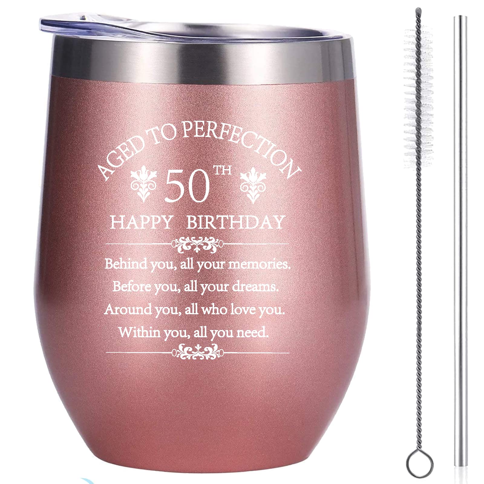 50th Birthday Gift for Women & Men - 12oz Rose Gold Stainless Steel Wine Tumbler with Double Wall Insulation | 50 Years Old Anniversary Present for Wife, Husband, Mom, Dad, Sister or Aunt | Perfect for Celebrations, Parties & Daily Use