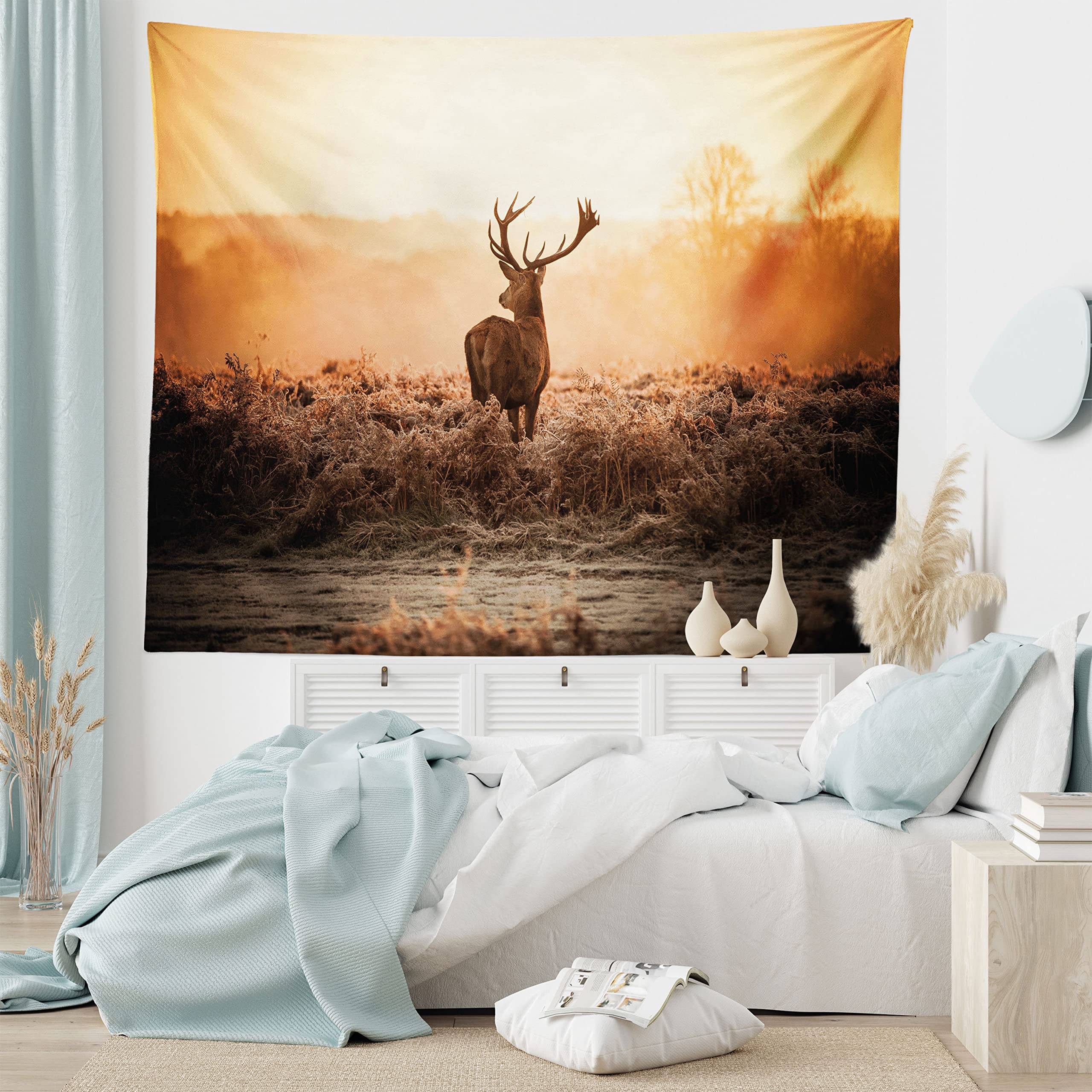 Ambesonne Hunting Tapestry - Red Deer in Morning Sun Wilderness Nature Scenery Wall Hanging Decor for Bedroom, Living Room & Dorm (45x30 inches, Brown Orange) | Perfect for Cabin, Lodge, Hunting Cabin & Rustic Home Decor