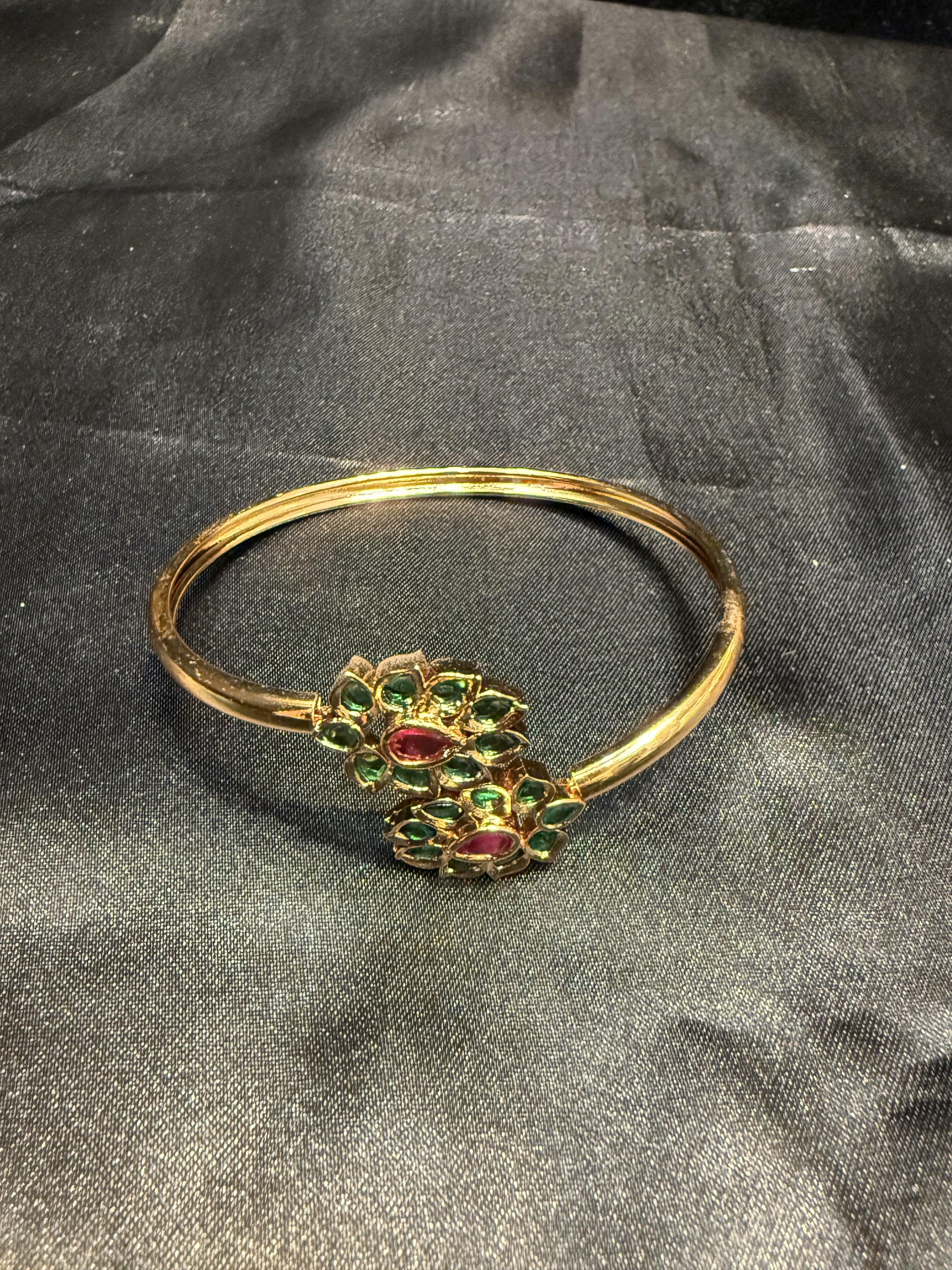 Elegant Gold Plated Bracelet with Green & Hot Pink Stones and Floral Design - Perfect for Parties, Weddings & Special Occasions