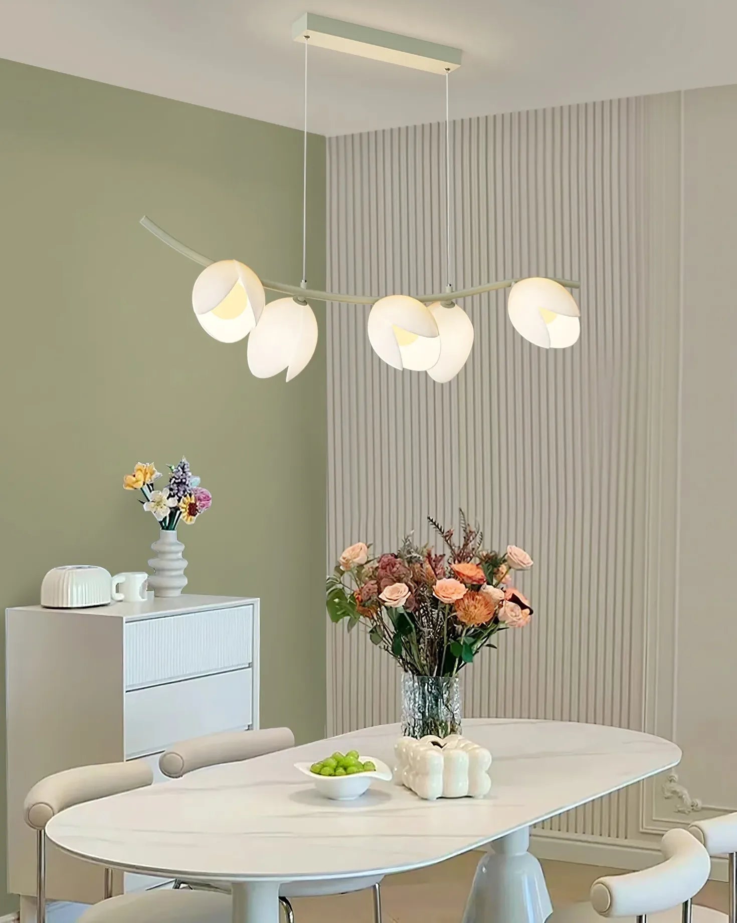 Modern Multi-Head White Flower Chandelier - Horizontal Pendant Lighting Fixture for Dining Room, Bedroom, or Living Room Decor