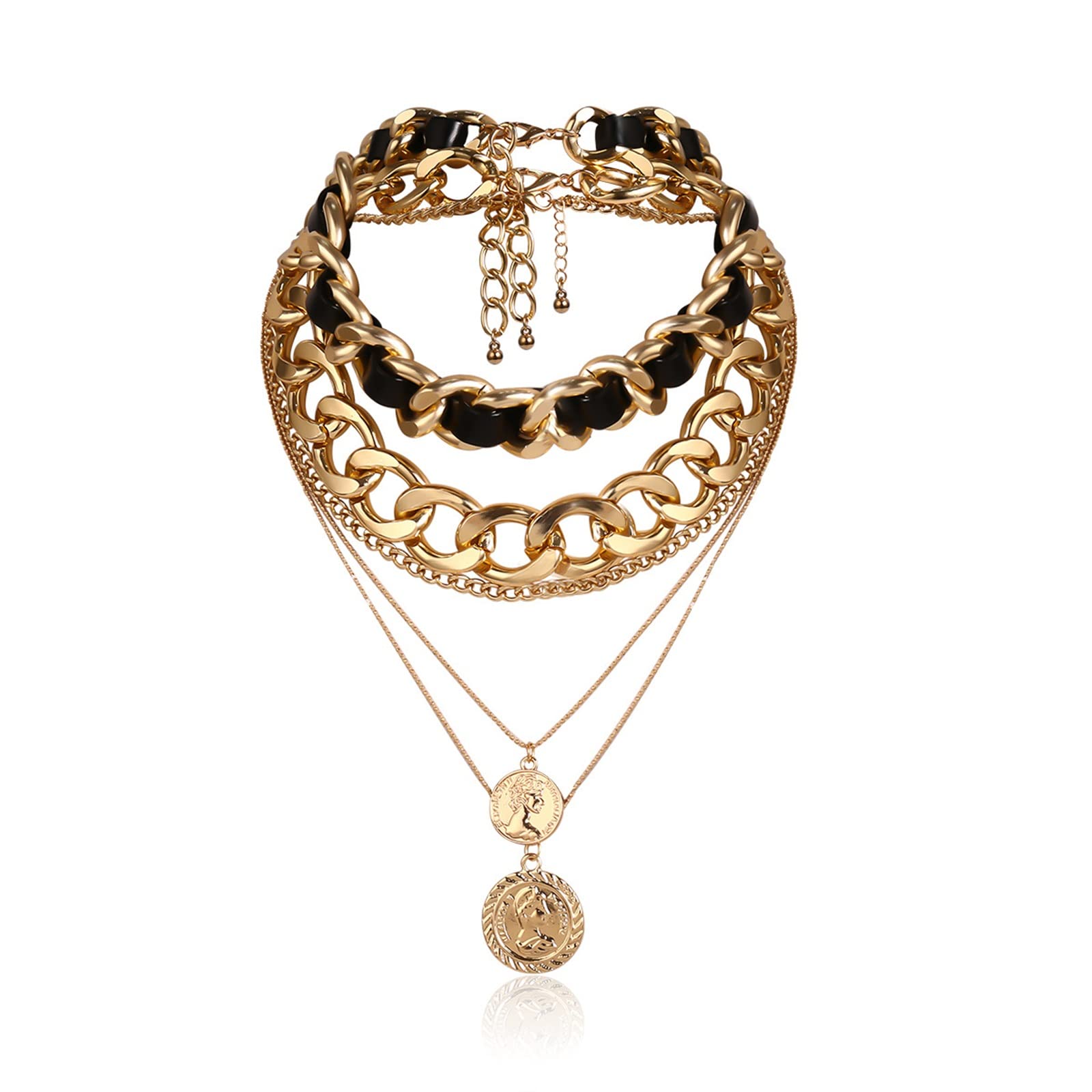 Banemi Link Layered Necklace - 5-Layer Gold Chain Necklace for Women, Thick Relief Pendant Choker, Trendy Layered Jewelry Gift for Her | Perfect for Date Night, Parties & Everyday Wear