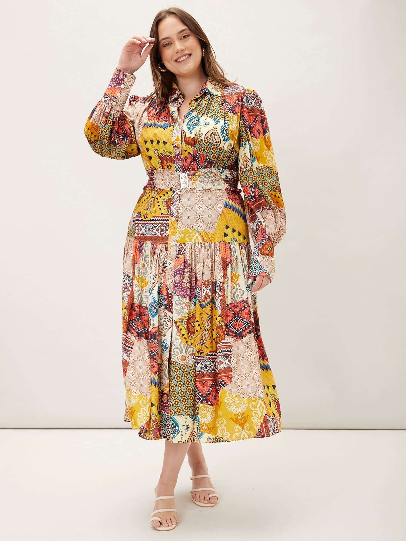 HUFFA Plus Size Viscose Patchwork Shirt Dress for Women - Elegant Long Sleeve Casual Dress in Multicolor (Size 3X-Large) | Perfect for Office Wear, Date Nights & Special Occasions