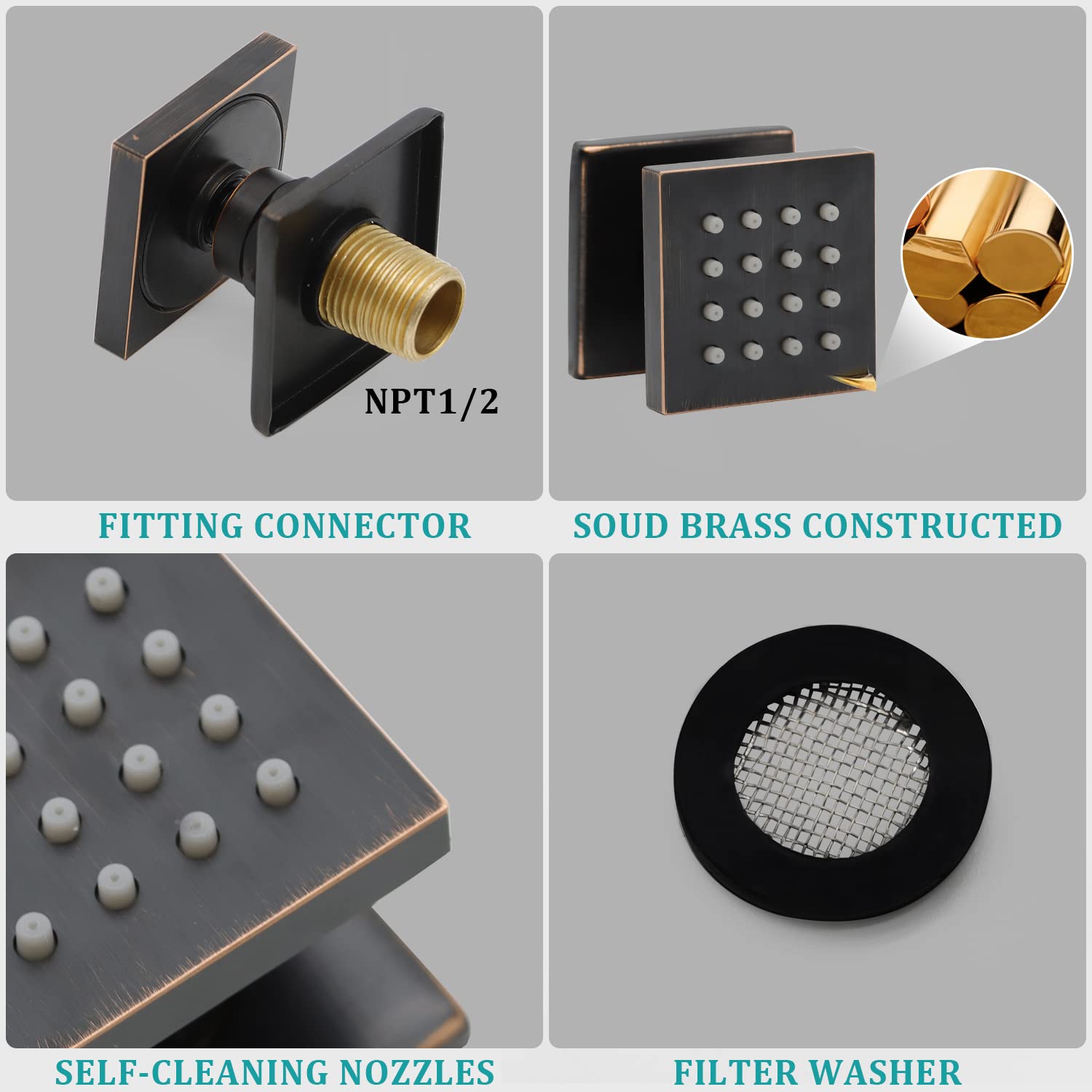 Premium 2 Inch Brass Square Massage Shower Body Spray Jets - Oil Rubbed Bronze Finish - Set of 6 - Luxury Bathroom Upgrade for Spa-Like Experience