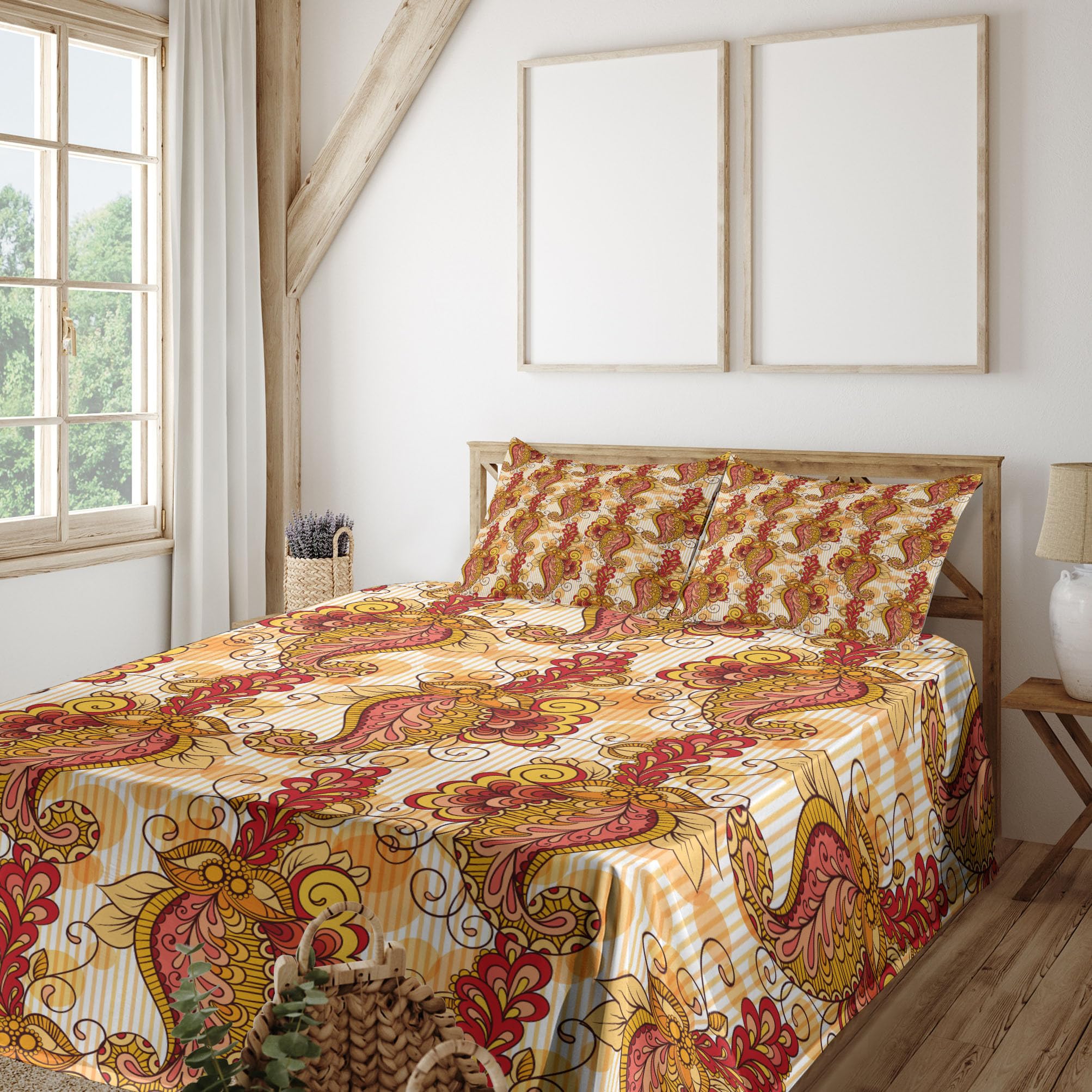 Ambesonne East Sheet Set 4-Piece King Size - Traditional Paisley Floral Design in Orange, Yellow & Red | Cultural Art Bedding with Fitted Sheet, Flat Sheet & Pillowcases | Perfect for Boho Chic, Ethnic & Vintage Style Bedrooms