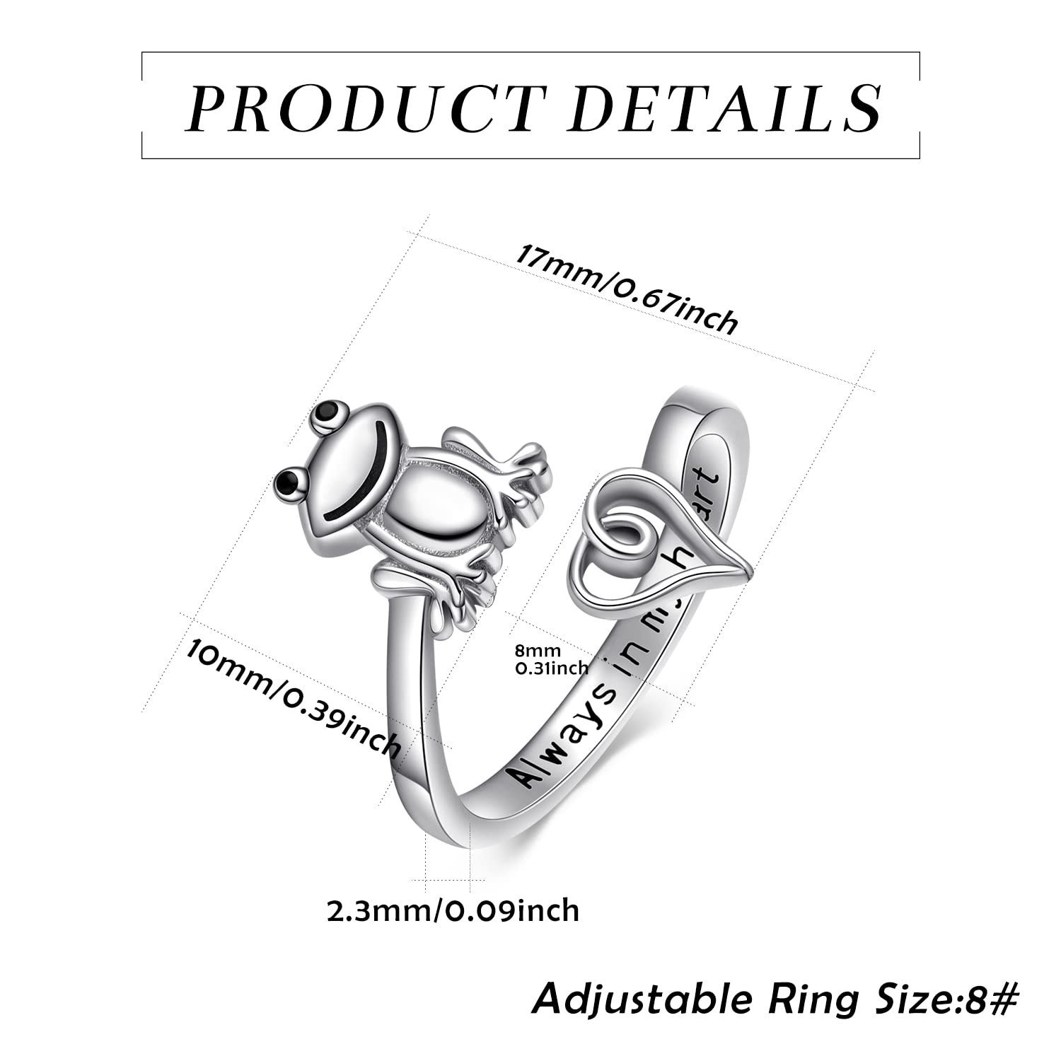 925 Sterling Silver Adjustable Frog Heart Ring for Women - Unique Animal Jewelry Gift for Mom, Her, Girlfriend - Perfect for Valentine's Day, Birthday, Anniversary Gifts