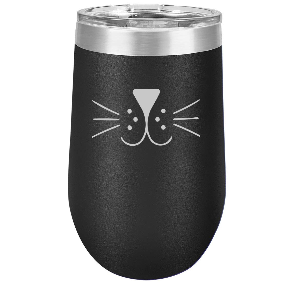 16 oz Double Wall Vacuum Insulated Stainless Steel Wine Tumbler with Lid - Stemless Coffee Travel Mug for Hot & Cold Drinks - Cute Cat Face Whiskers Design (Black) - Perfect for Office, Commuting, Camping and Gifts