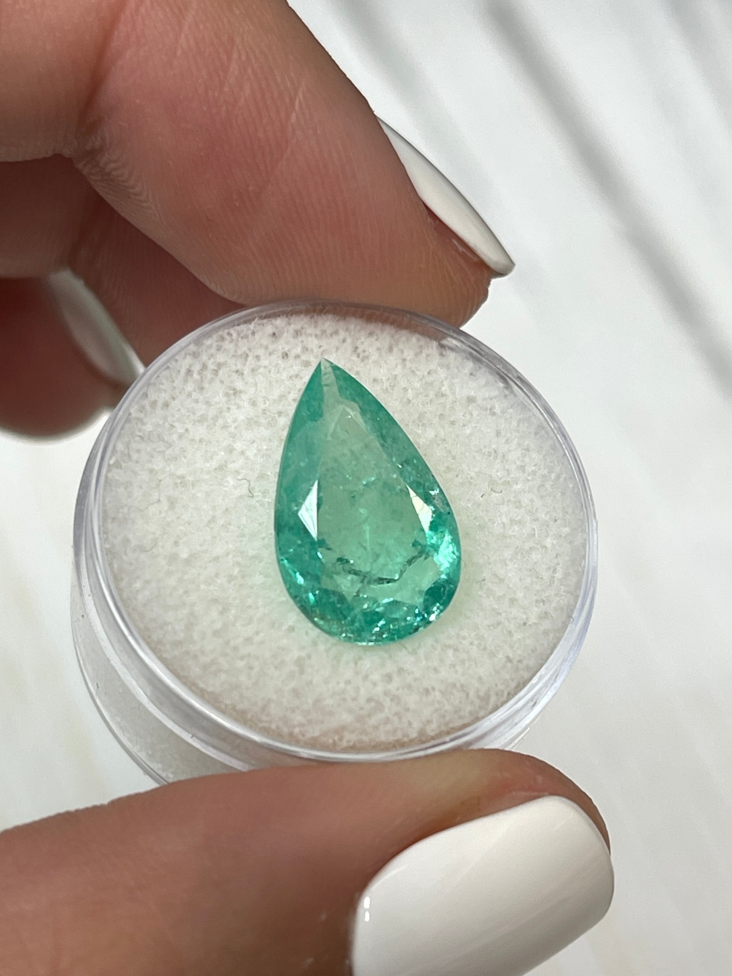 4.22 Carat 16x10mm Light Bluish Green Natural Loose Colombian Emerald Pear Cut Gemstone for Jewelry Making, Engagement Rings & Luxury Gifts
