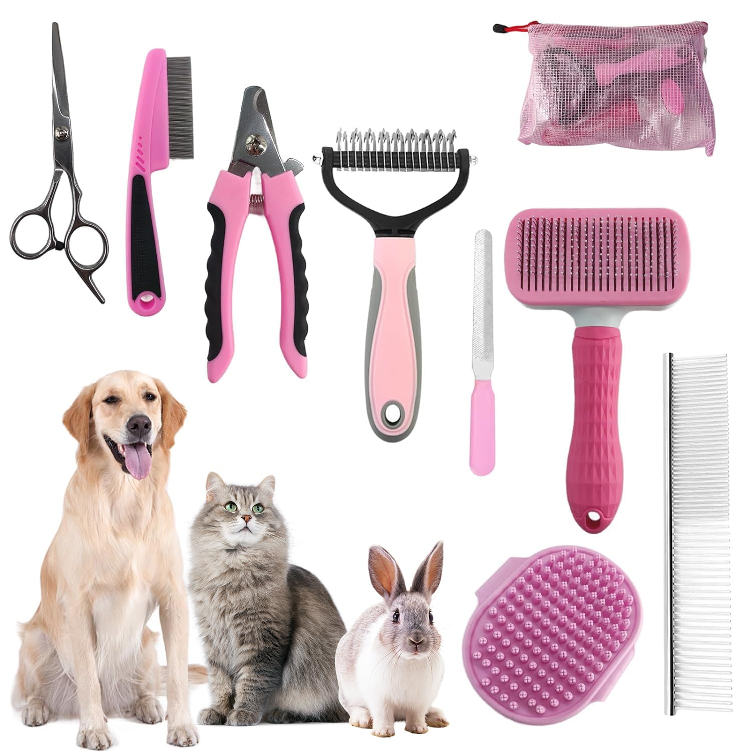 9-in-1 Pet Grooming Kit with Slicker Brush, Nail Clipper & Undercoat Rake - Professional Deshedding Tool for Dogs & Cats of All Sizes (Pink) | Perfect for Home Grooming, Shedding Control & Coat Maintenance
