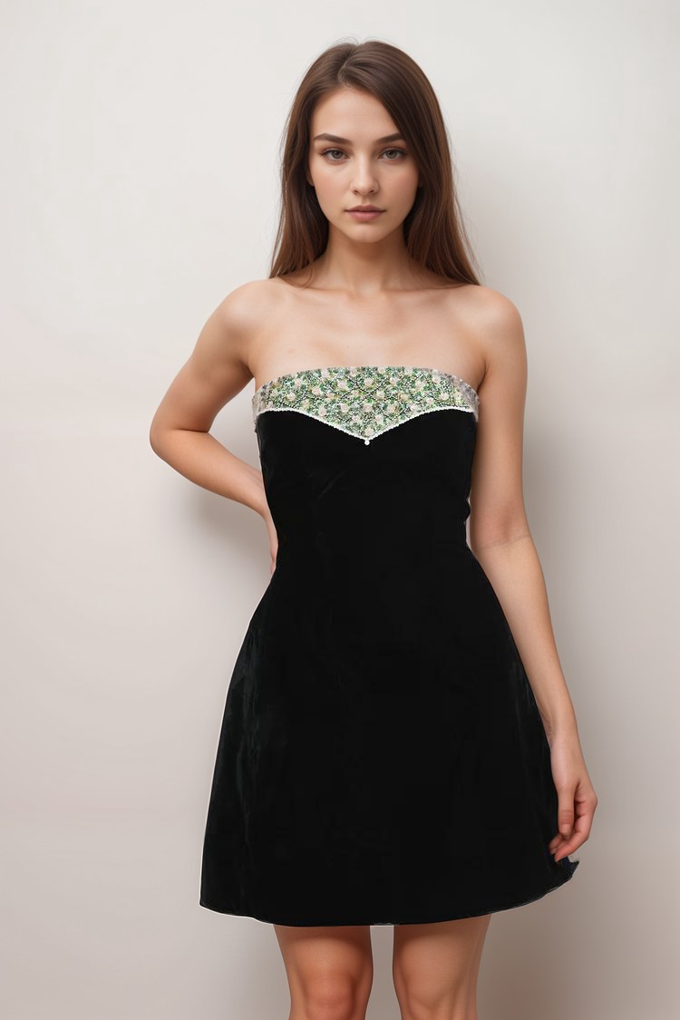Céline Crystal Embellished Velvet Dress for Women - Elegant Evening Gown for Parties, Weddings & Special Occasions