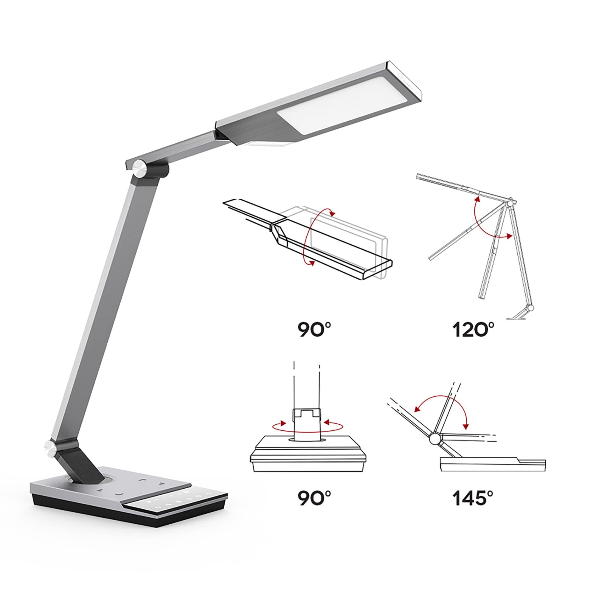 WorkPro™ LED USB Desk Lamp with Wireless Charger & Timer - 17.5 Inch Adjustable Office Light, Brushed Metal Gray - Perfect for Home Office, Study, Reading & Nightstand Use