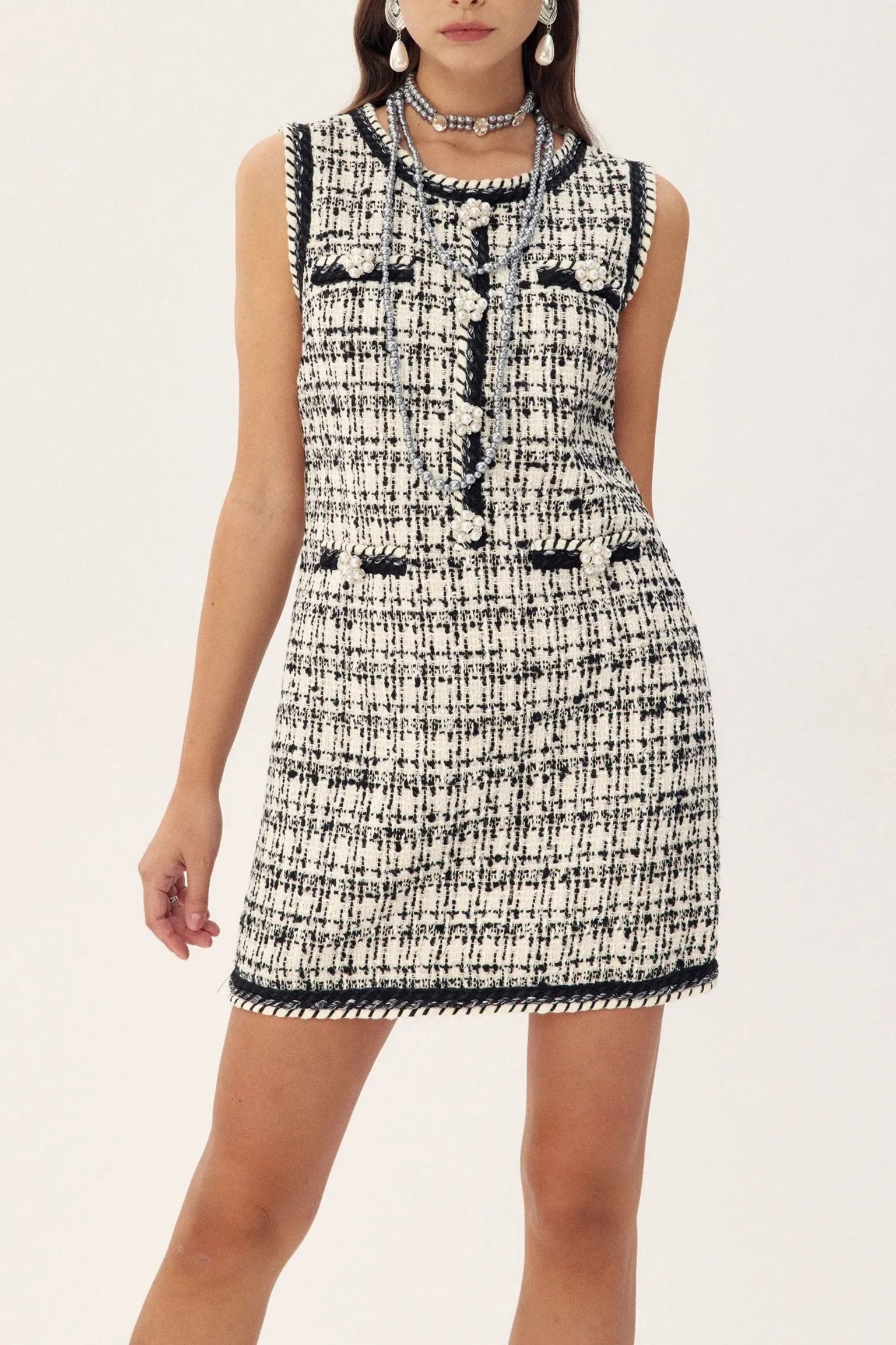 ALDINE DIAMANTE CONTRAST TRIMMED TWEED MINI DRESS - Elegant Party & Cocktail Dress for Women, Perfect for Night Out, Date Night and Special Occasions