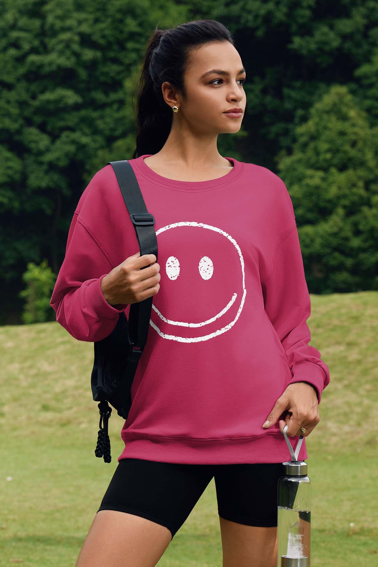 ReachMe Women's Cute Smile Face Graphic Sweatshirt - Trendy Casual Loose Fit Long Sleeve Crewneck Pullover Top for Everyday Wear, Outings & Lounge