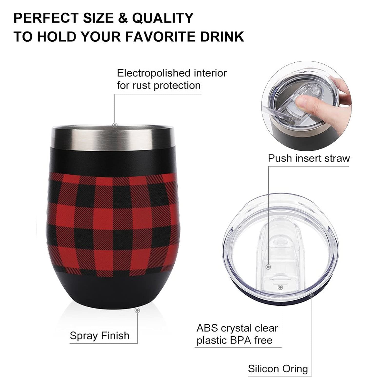 Stainless Steel Vacuum Insulated Wine Tumbler with Lid - Buffalo Scottish Tartan Plaid Checkered Design, Stemless Travel Cup for Coffee, Wine & Cold Drinks - Perfect for Camping, Office & Outdoor Adventures