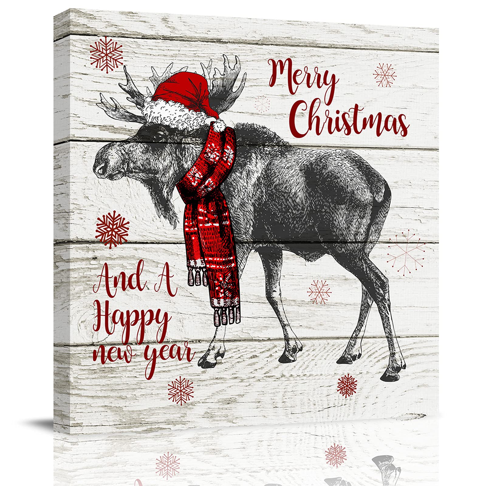 Merry Christmas Moose with Santa Hat Rustic Wooden Grain Canvas Wall Art - Framed Ready to Hang Bathroom Decor for Living Room, Kitchen, Office - Perfect for Holiday Home Decor & Christmas Gift Giving