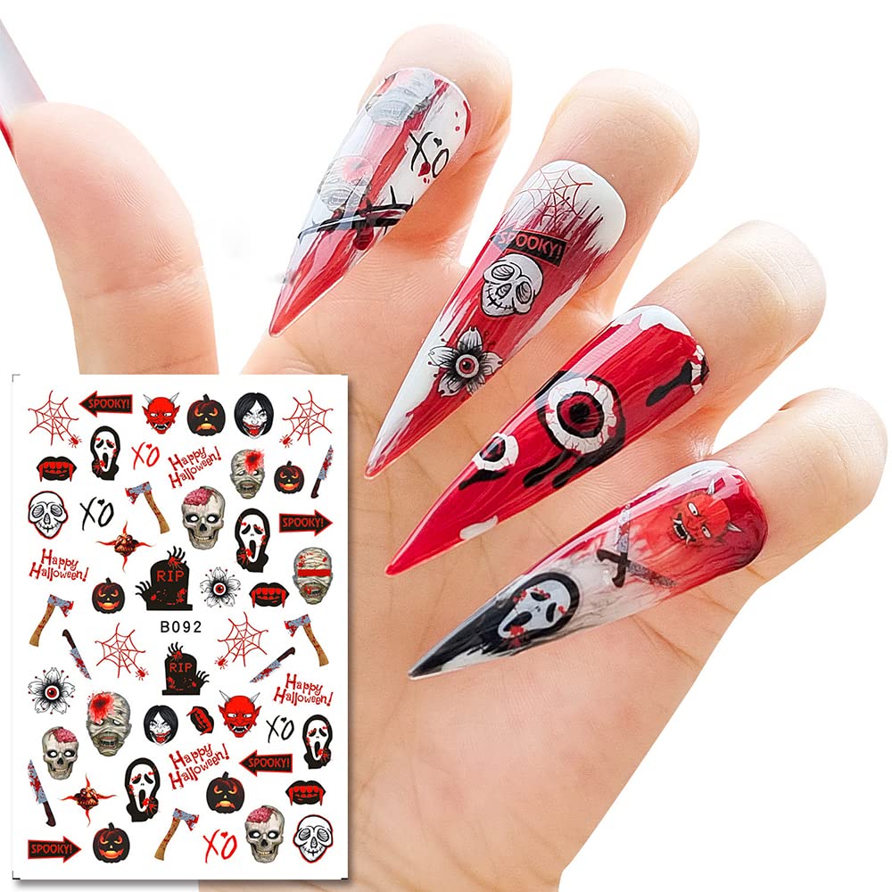 5D Halloween Nail Art Stickers Kit - 2 Sheets 3D & 4 Sheets 2D Nail Decals with Flame, Moon, Eyes, Snake Designs for Halloween Party Nails - Perfect for Costume Parties, Trick or Treating & Spooky Nail Art
