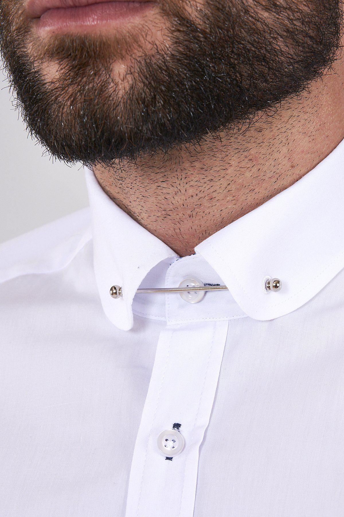 BENSON White Penny Collar Shirt with Collar Bar - Classic Men's Dress Shirt for Business, Wedding & Formal Occasions