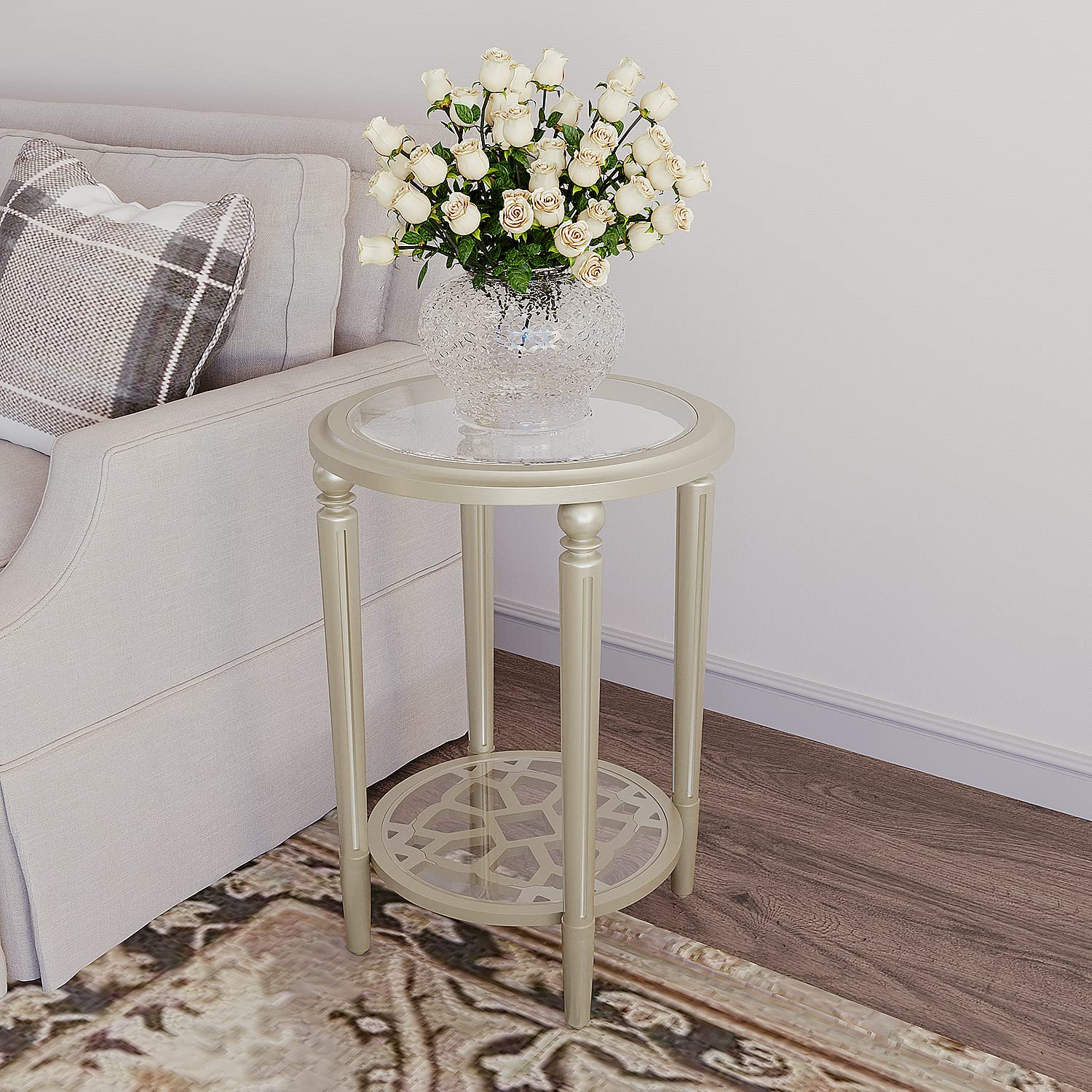 Modern Round Side Table with Champagne Tempered Glass - 2-Tier Storage End Table for Living Room, Bedroom & Office - Perfect for Small Spaces, Coffee Table Alternative, Nightstand or Accent Furniture