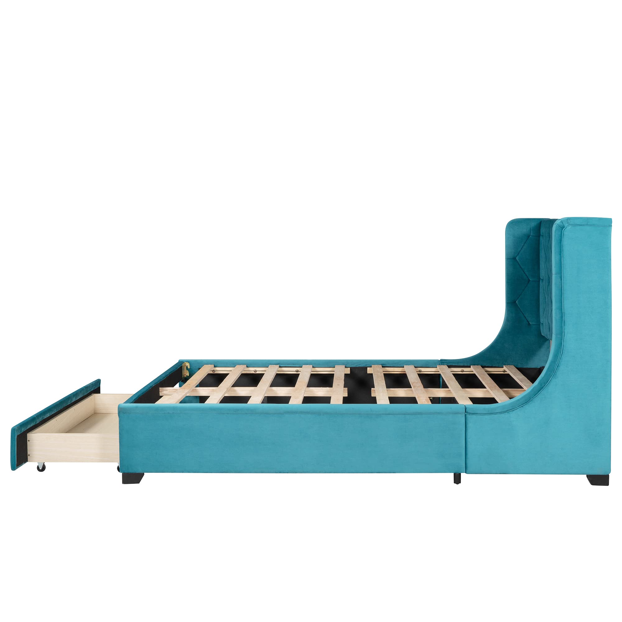 Velvet Upholstered Queen Size Platform Bed with Storage Drawers & Wingback Headboard - Solid Wood Bed Frame for Kids Bedroom Furniture (Blue) | Perfect for Small Spaces & Modern Children's Rooms