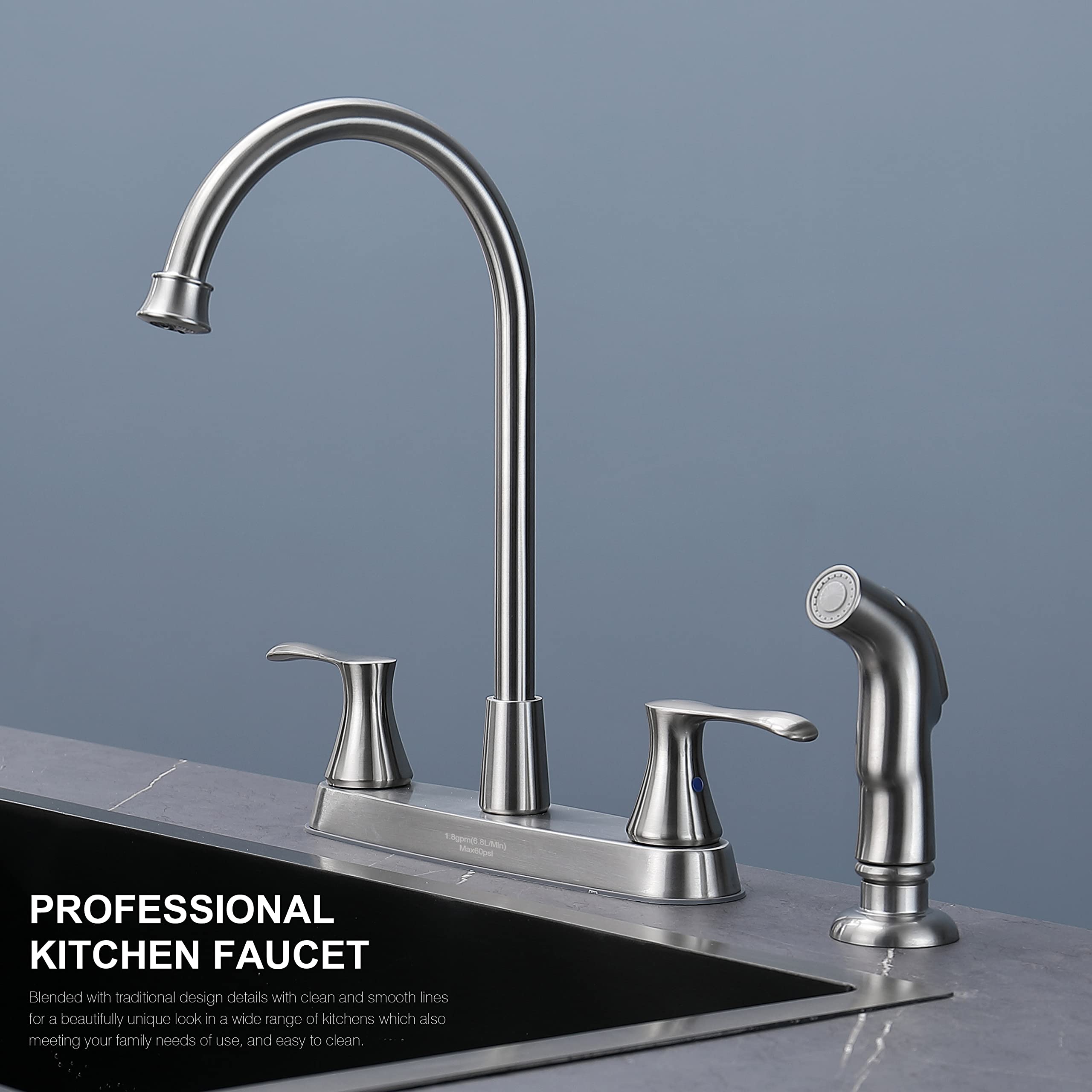 Brushed Nickel 2-Handle Kitchen Faucet with Side Sprayer - 4 Hole Mount for Sink | Perfect for Modern Kitchens, Dishwashing & Food Prep