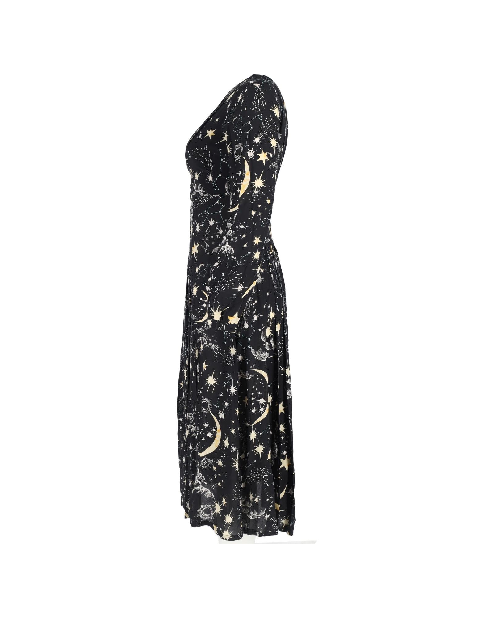 Camellia Constellation Print Midi Long Sleeve Dress - Elegant Floral Starry Night Dress for Women, Perfect for Date Night, Party & Special Occasions