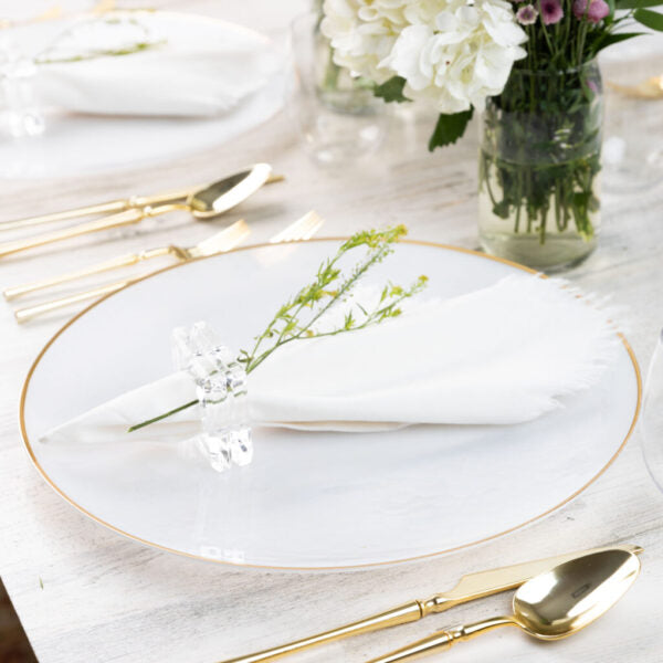 White and Gold Rim Transparent Hammered 13-Inch Round Plastic Charger Plates - Set of 4 - Elegant Dinnerware for Weddings, Parties, and Holiday Dining