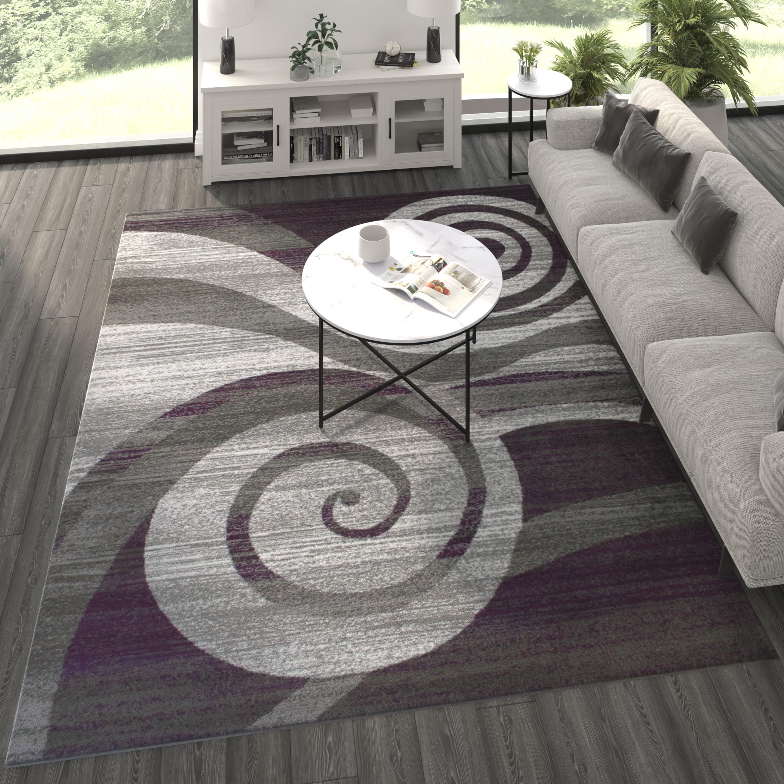 8' x 10' Purple Swirl Patterned Olefin Area Rug with Natural Jute Backing - Soft Non-Slip Floor Mat for Entryway, Living Room, Bedroom - Perfect for Home Decor, Apartment & Office Spaces