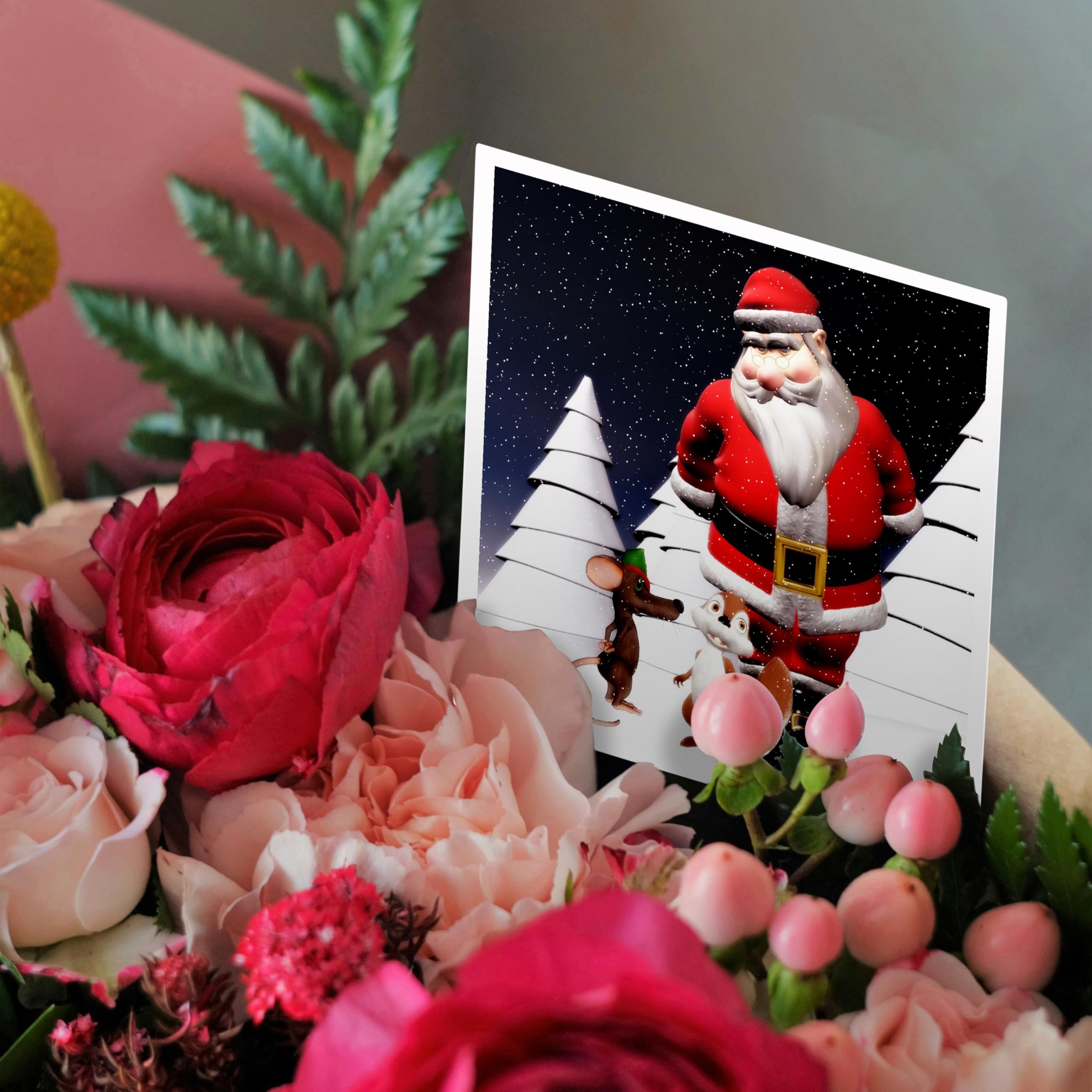 Christmas Greeting Card - Santa Claus with Squirrel and Mouse Holiday Design - Perfect for Winter Festivals, Holiday Gifts & Christmas Decorations