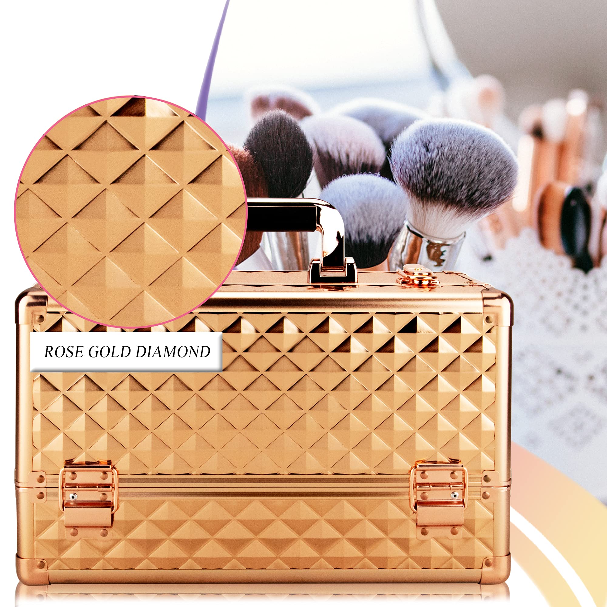Ver Beauty 6-Tier Lockable Makeup Organizer - Portable Cosmetic Storage Box with Aluminum Case | Travel Makeup Kit for Artists | Lightweight Vanity Train Case in Rose Gold Glitter | Perfect for Salon, Home Use & Professional Makeup Artists