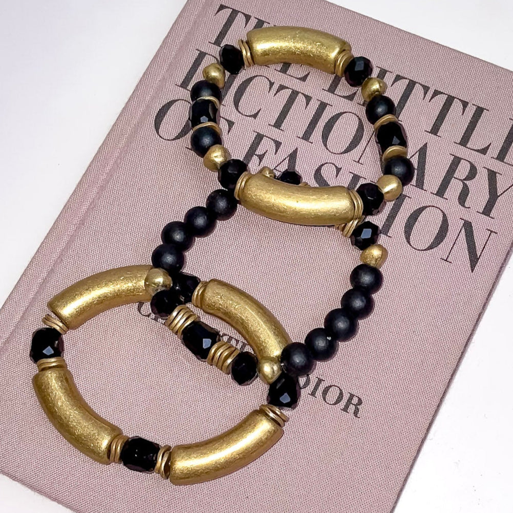 Elegant Black and Gold 3 Piece Bracelet Set for Women - Trendy Jewelry Gift for Birthday, Anniversary & Special Occasions - Perfect for Parties, Date Nights & Everyday Wear