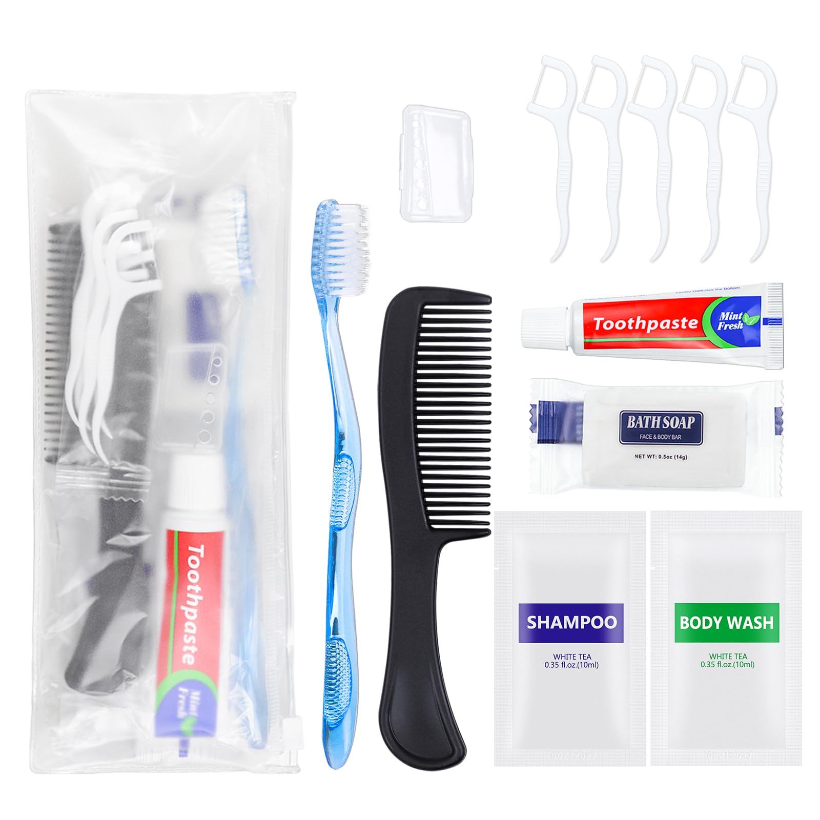 5-Piece Personal Hygiene Kit - Bulk Toiletry Essentials for Travel, Homeless Shelters & Charity (Includes Toothbrush, Toothpaste, Comb, Soap, Shampoo, Body Wash & Floss Picks) - Perfect for Emergency Kits, Donations & Business Travel Supplies
