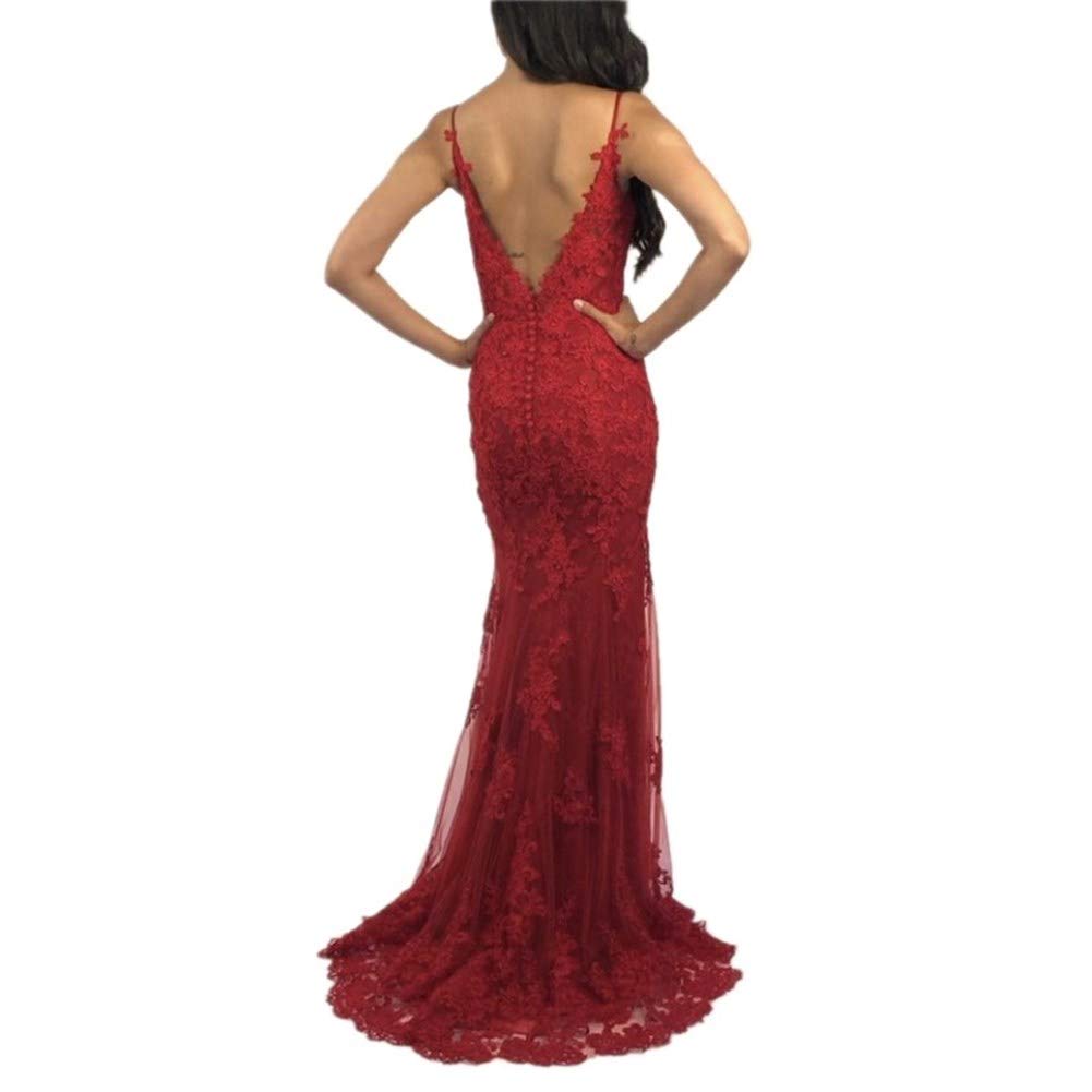 Elegant Women's Spaghetti Strap V-Neck Mermaid Prom Dress with Lace Detail in Purplish Red - Perfect for Formal Dances, Evening Parties and Special Occasions