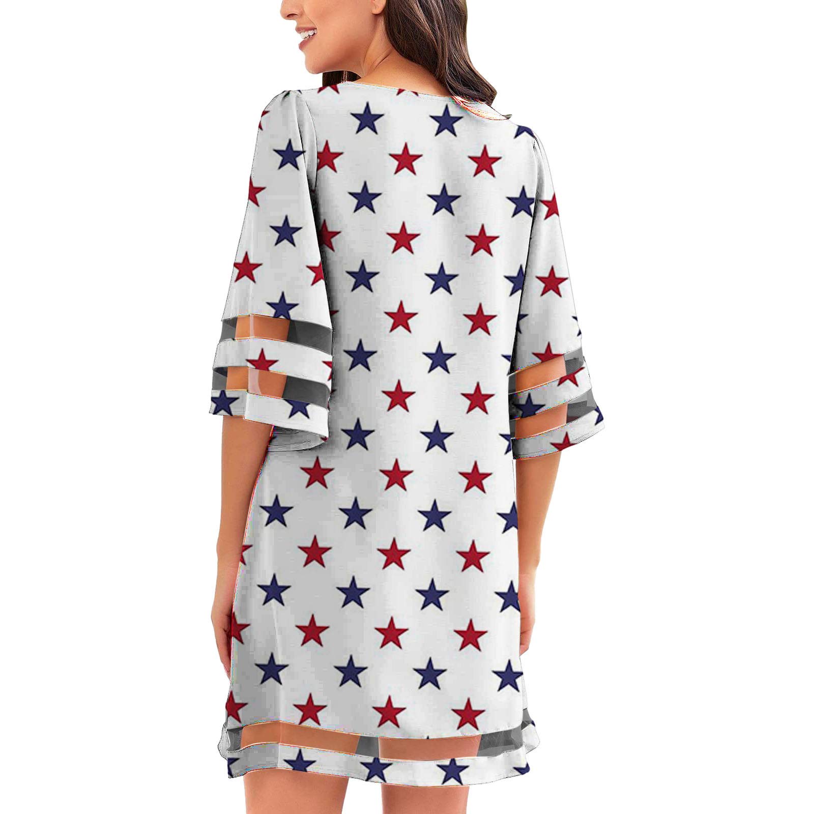 Women's Black Summer Dress - Mesh Loose Sleeve Casual Patchwork Tunic with Crewneck & 3/4 Bell Sleeves | A-Line Flowy Dress for Beach, Vacation & Summer Outings
