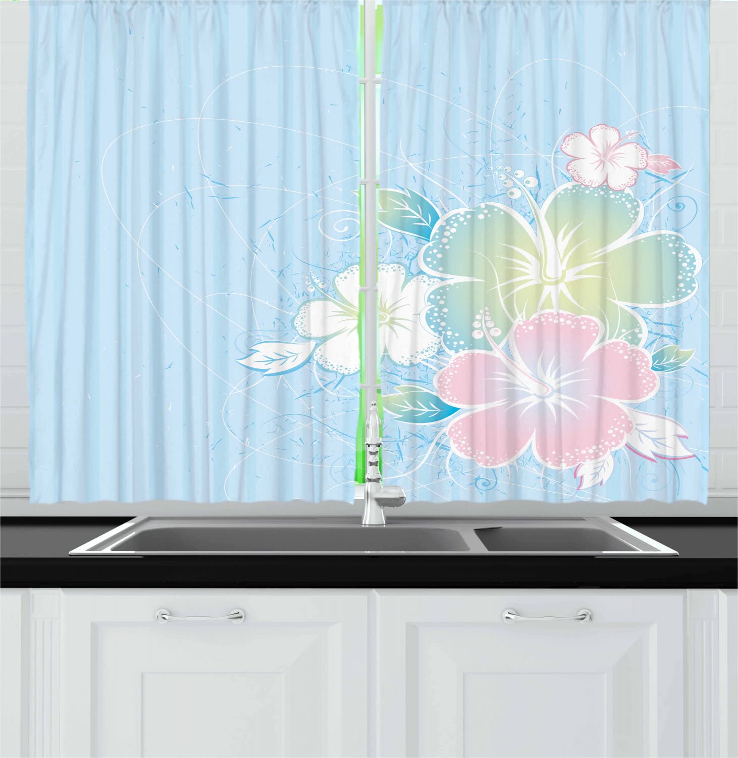 Ambesonne Floral Hibiscus Kitchen Curtains - Soft Blue & Pink Vertical Striped Drapes with Rod Pocket, 55
