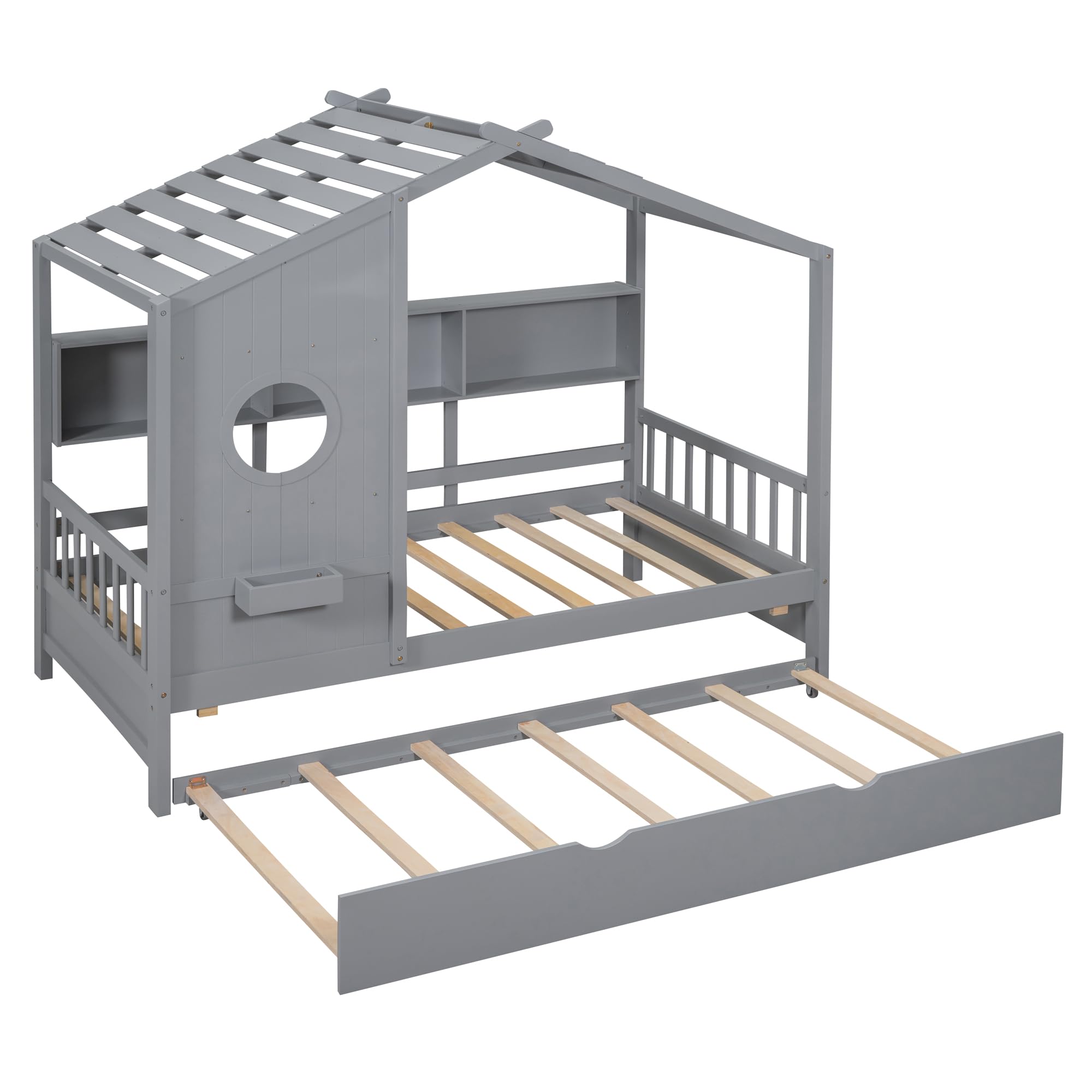 Harper & Bright Designs Twin Size Wooden House Bed with Trundle & Storage Shelf - Gray Platform Bed Frame with Roof for Kids, Boys & Girls - Perfect for Bedrooms, Playrooms & Small Spaces
