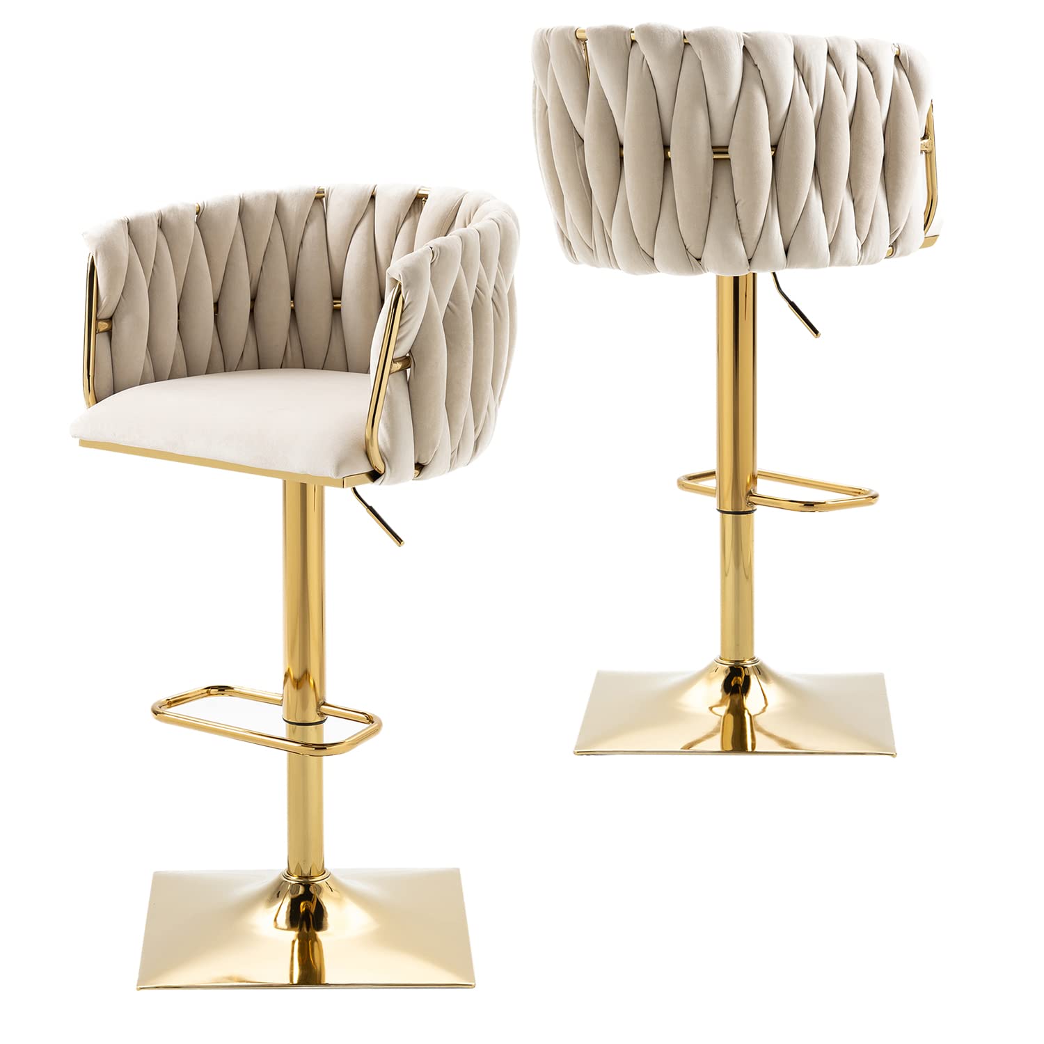 Nrizc Velvet Swivel Bar Stools Set of 2 - Modern Adjustable Woven Bar Stools with Back Support & Footrest - Counter Height Bar Chairs for Kitchen Island, Dining Room, Pub & Home Bar (Beige) - Perfect for Entertaining & Casual Dining