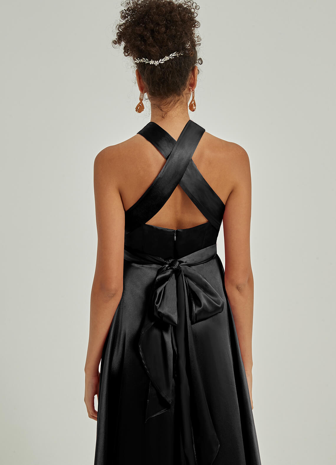 Elegant Black Satin Convertible Bridesmaid Dress - Multi-Way Wrap A-Line Gown for Weddings, Parties & Special Occasions