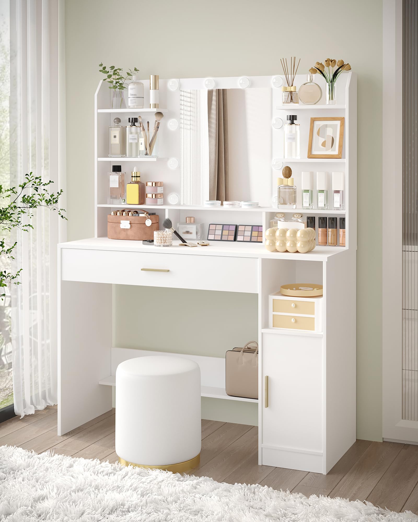 Vanity Desk with Mirror & 10 LED Lights - 3-Level Adjustable Brightness, Makeup Dressing Table with Hidden/Open Shelves & Oversized Drawers - Perfect for Bedroom, Dorm, Apartment (White)