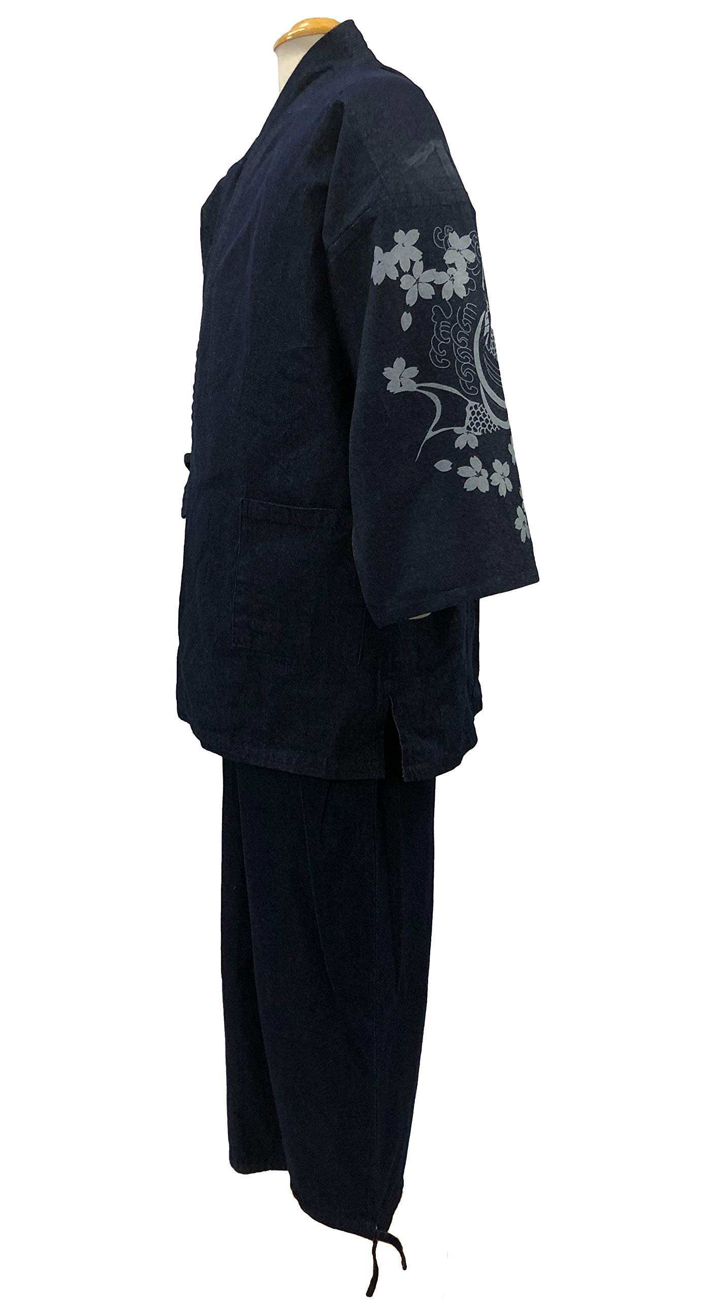 100% Cotton Japanese Denim Samue - Traditional Pattern Printed Workwear for Meditation, Yoga, and Casual Wear