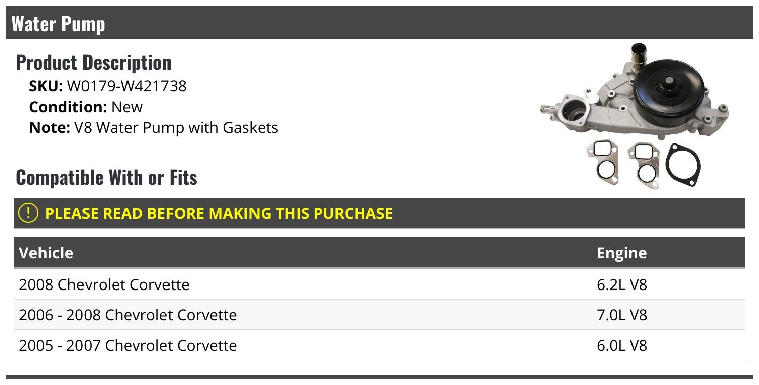 High-Performance Water Pump with Gaskets Kit - Compatible with 2005-2008 Chevy Corvette V8 5.7L/6.0L Engine - Perfect for Cooling System Repair & Maintenance