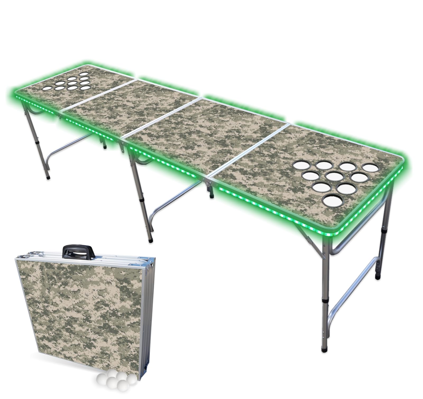8-Foot Folding Beer Pong Table with Cup Holes & LED Lights - Camo Edition | Portable Party Game Table for Outdoor Tailgating, College Dorms & Backyard BBQs