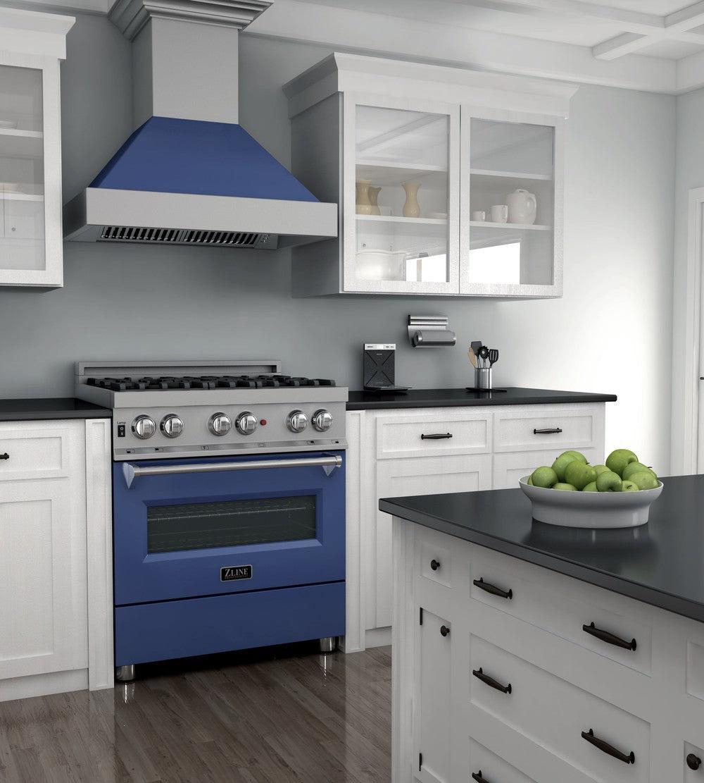 ZLINE 30 Inch 4.0 cu ft Dual Fuel Range - 4 Burner Gas Cooktop & Electric Convection Oven in Satin Stainless Steel with Blue Matte Door (RAS BM 30) - Perfect for Modern Kitchens and Professional Style Cooking