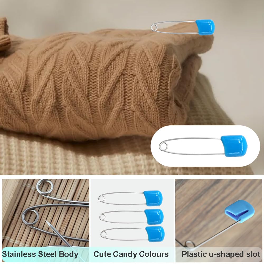 50 Pcs Baby Diaper Safety Pins - Plastic Head Nappy Pins with Lock for Secure Fastening (Blue) - Ideal for Cloth Diapers & Baby Care