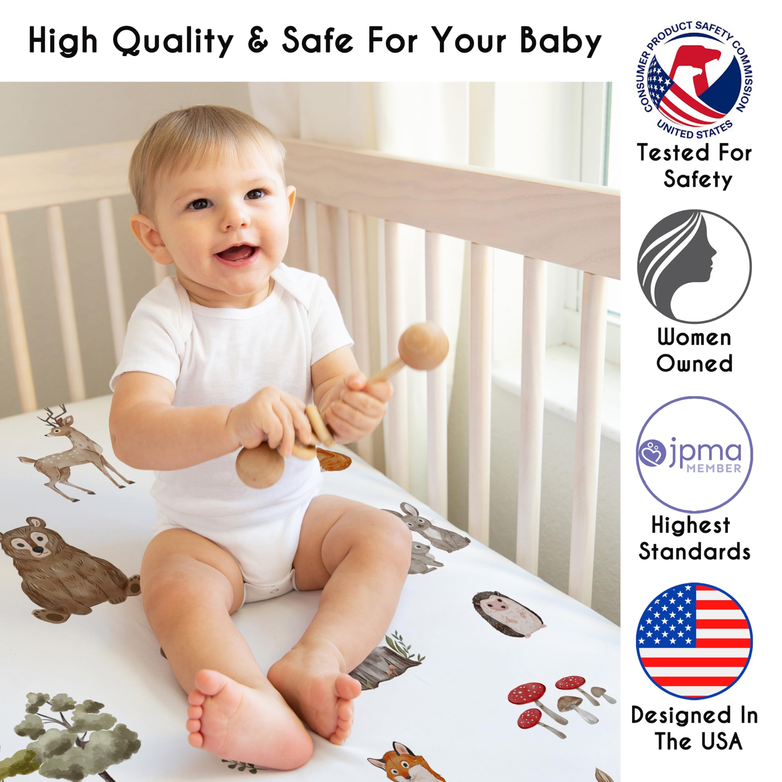 Sweet Jojo Designs 4-Piece Baby Crib Bedding Set - Woodland Animals Nursery Set for Boys & Girls (Blanket, Fitted Sheet, Skirt, Diaper Stacker) | Neutral Forest Theme with Bear & Hedgehog | Perfect for Newborn Nursery Decor & Baby Shower Gifts