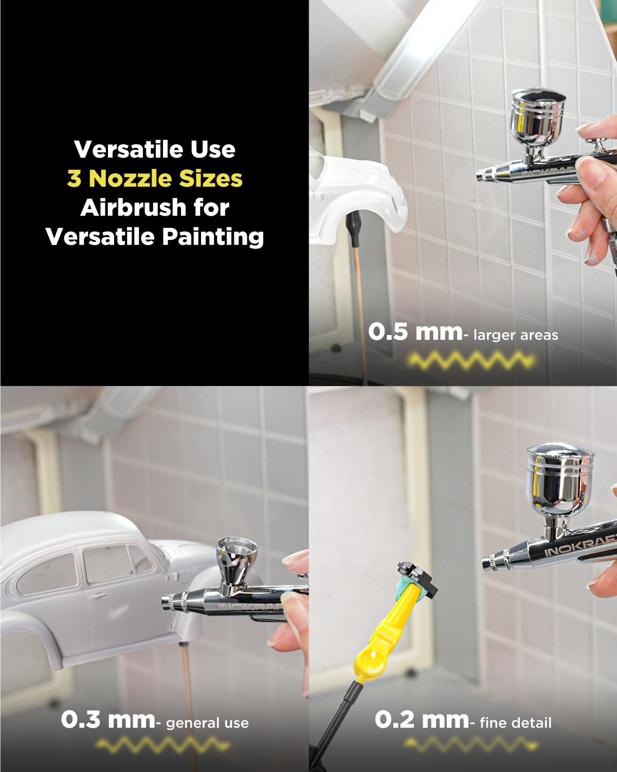 InoKraft Professional Airbrush Kit with 1/6 HP Quiet Air Compressor - 3 Nozzle Sizes (0.2mm, 0.3mm, 0.5mm) Gravity Feed Airbrush - Complete Set with Hose, Holder & Guide - Perfect for Model Painting, Cake Decorating, T-Shirt Design & DIY Art Projects
