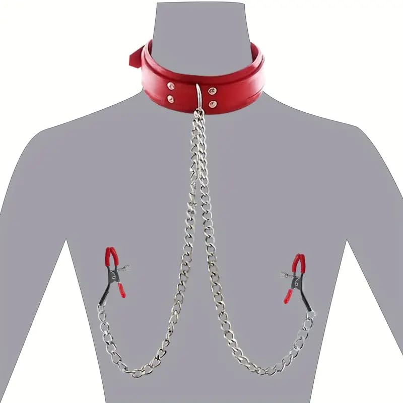 BDSM Nipple Clamps & Leather Collar Set - Fetish Toys for Women - Red