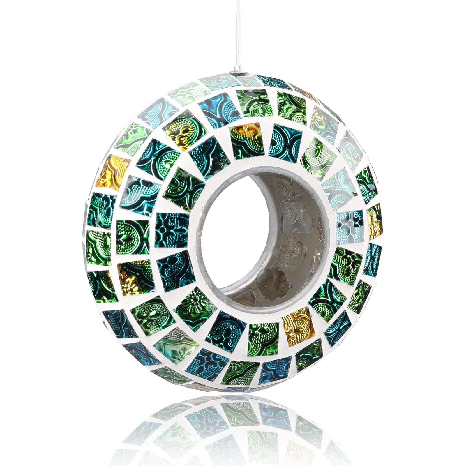 7-inch Green Mosaic Glass Hanging Bird Feeder for Outdoor Wild Birds - Durable Seed Container with Fly-Through Design - Perfect for Garden, Patio, and Backyard Bird Watching