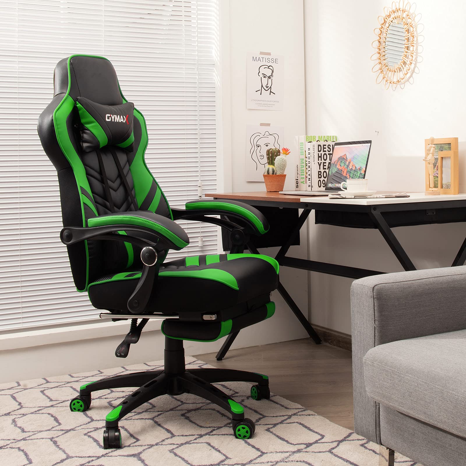 GYMAX Ergonomic Gaming Chair with Footrest, Adjustable Linkage Armrests & Lumbar Support - High Back Reclining Office Computer Chair for Adults & Teens - Perfect for Esports, Streaming & Home Office (Green)